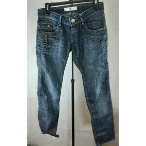 FREEMAN T. PORTER Womens Straight Leg Jeans Blue Medium Wash Patches Faded 28